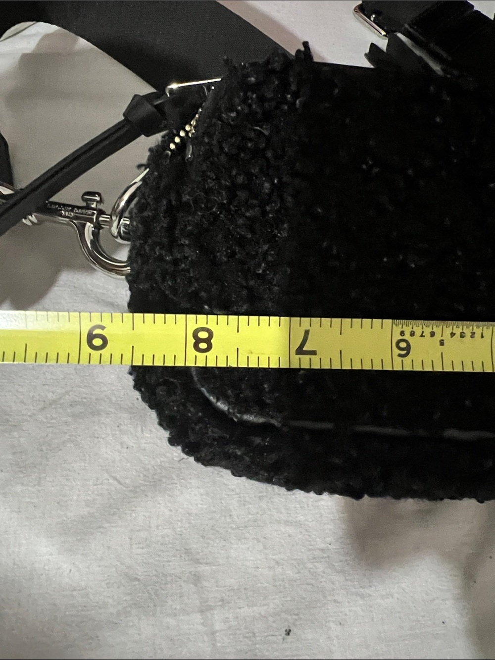 Black Shearling Crossbody Bag with Wide Logo Strap - Picture 6 of 9